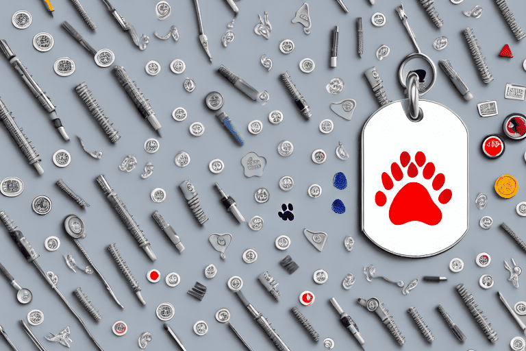 A variety of dog tags hanging from a collar