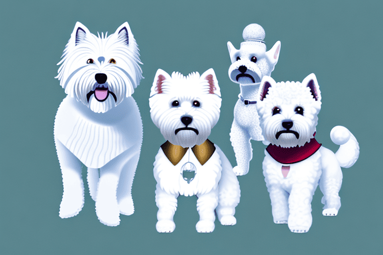 Several diverse types of white dogs