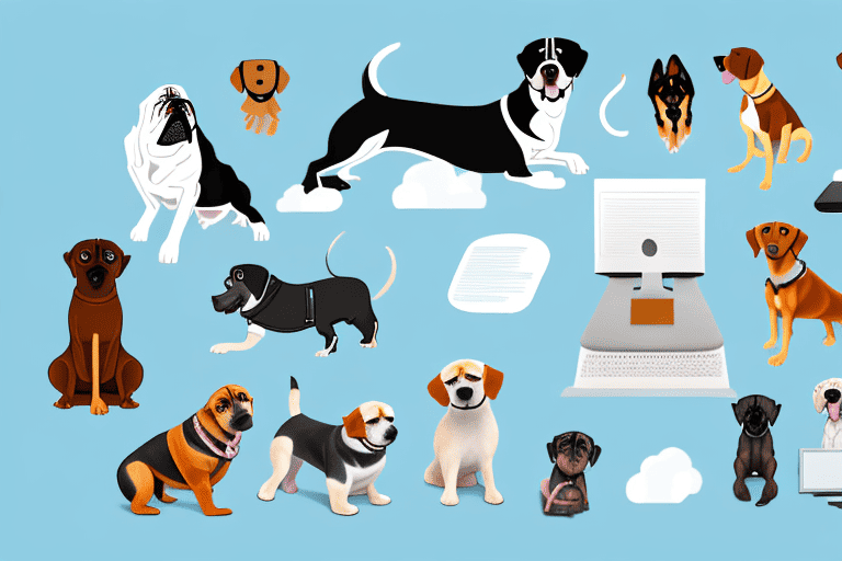 A variety of dog breeds sitting around a computer