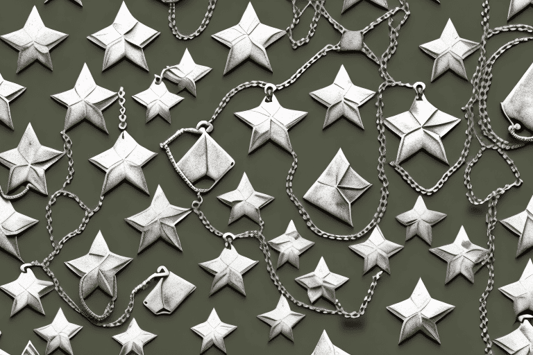 Various military dog tags hanging from a chain