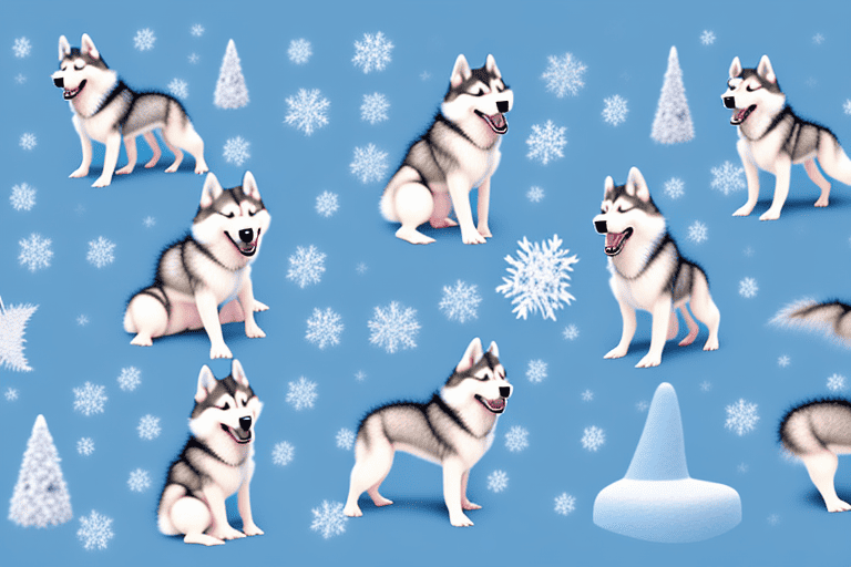 Several different types of miniature husky dogs in various playful poses