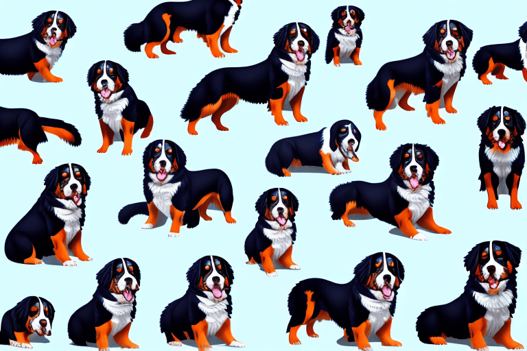 Several distinct types of bernese mountain dogs in various poses