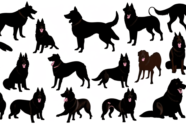 Several distinct types of black shepherd dogs in various poses