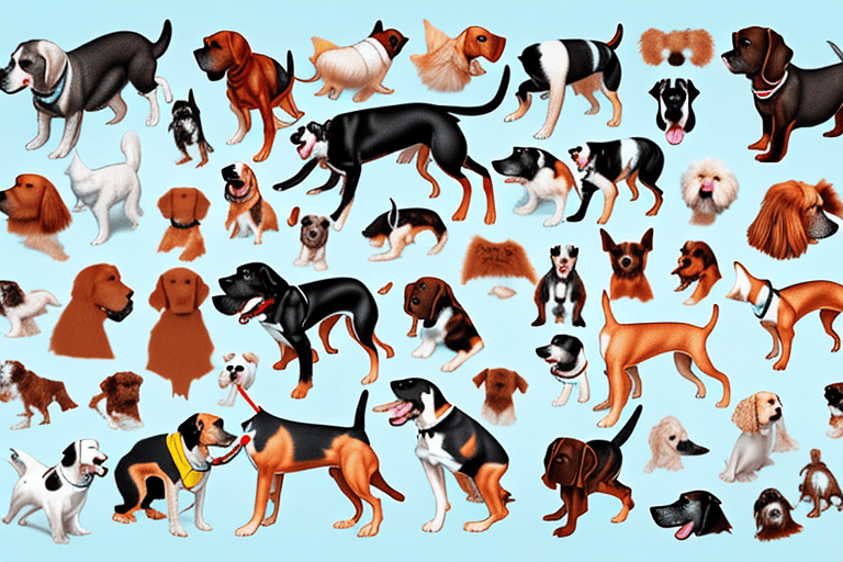 Several dogs of different breeds with magnified views revealing different types of blood parasites commonly found in dogs