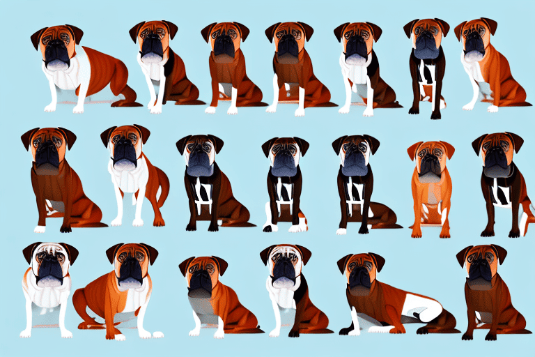 Several distinct types of boxer dogs in various poses to showcase their unique characteristics and differences