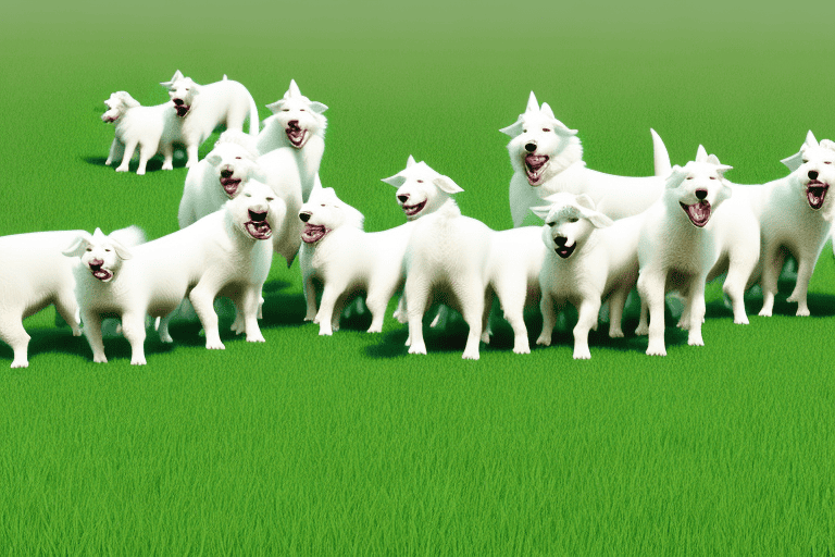 Several different types of white herding dogs in a green meadow