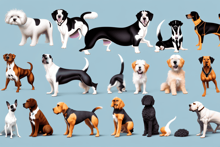 Several different breeds of dogs in various active poses