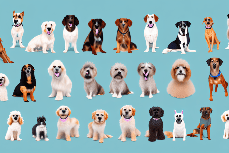 Various breeds of dogs wearing different types of service vests
