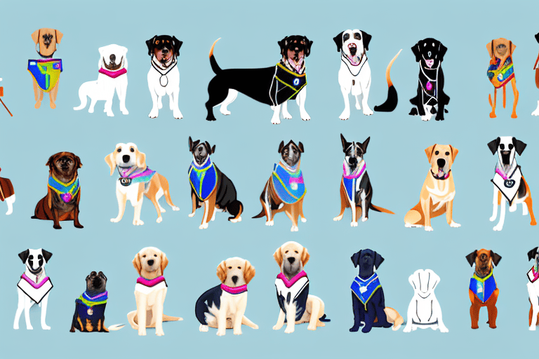 Various breeds of dogs wearing different types of service vests