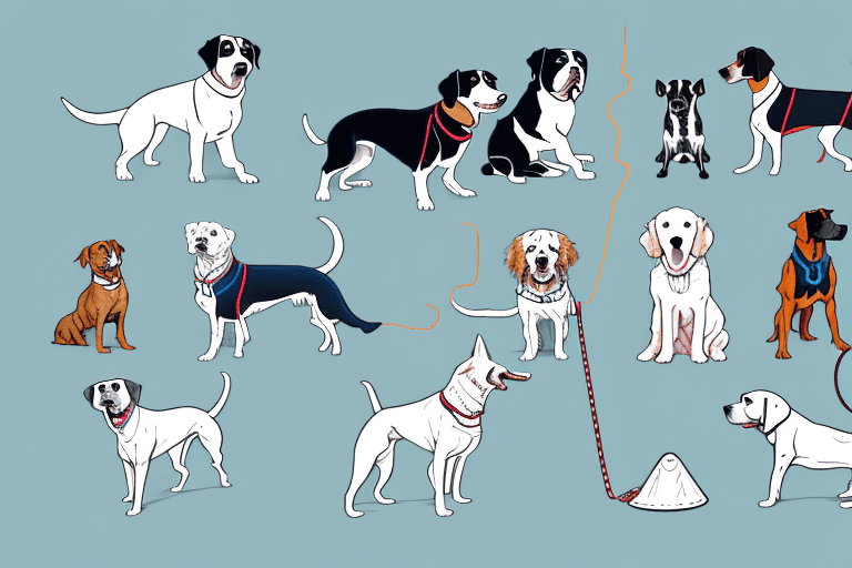 Several different dogs demonstrating various training techniques such as sitting
