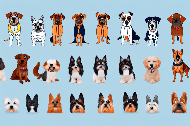 A variety of different dog breeds with playful and friendly expressions