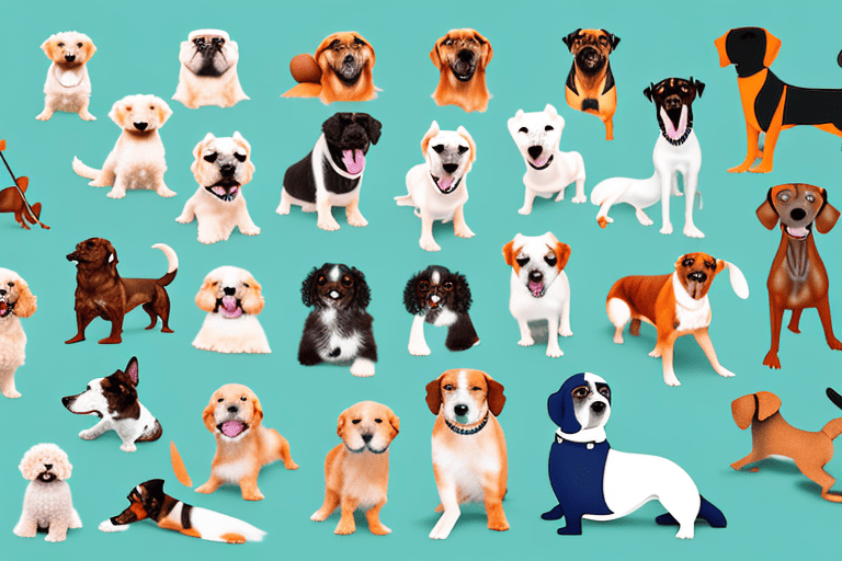 Several different types of popular dog breeds happily playing together in a park setting