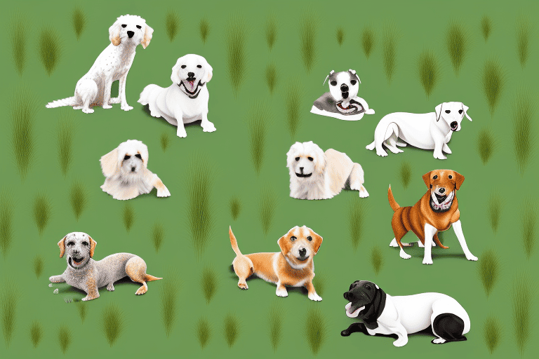 Several different types of grasses with a variety of dogs happily playing or lounging on them