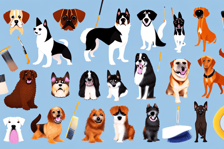Various types of dog brushes surrounded by different dog breeds