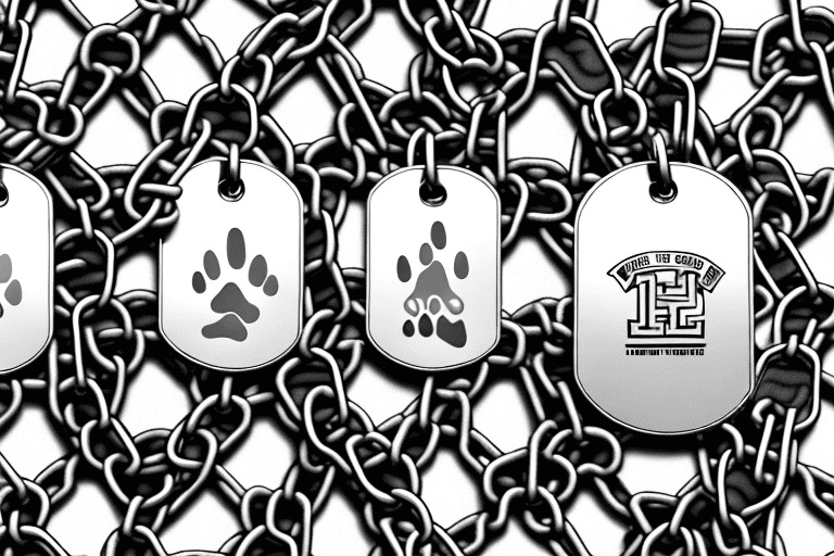 A variety of dog tags hanging from different types of metal chains