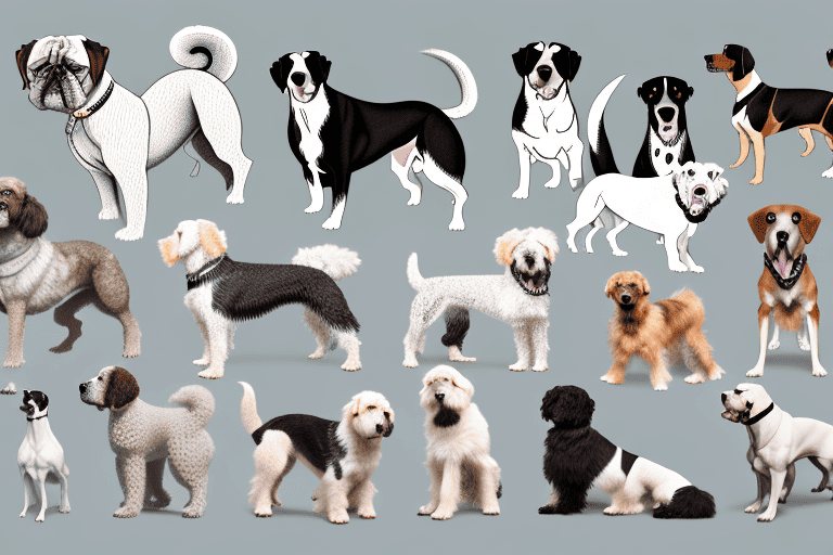 Several different breeds of dogs with a focus on a larger