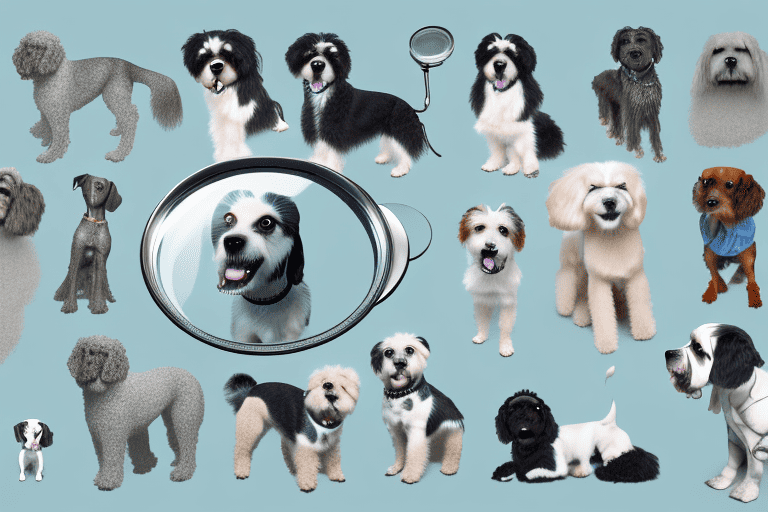 Several different breeds of dogs with distinctive features