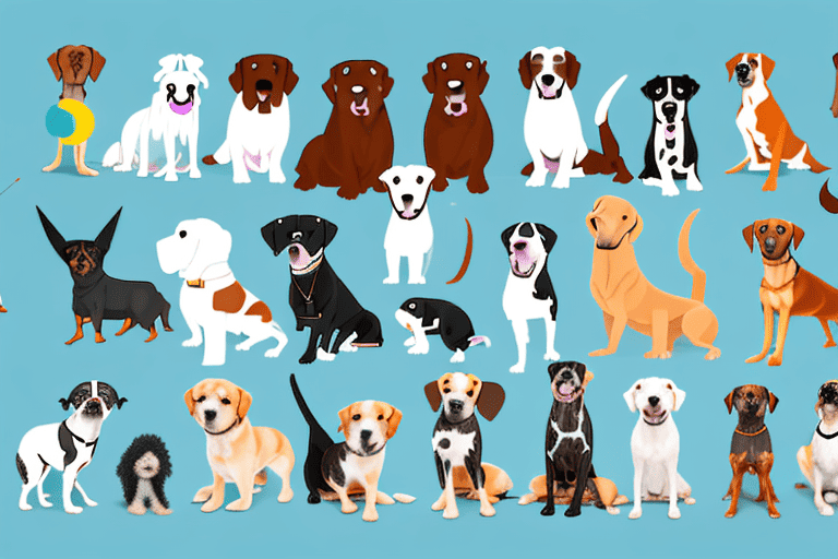 A variety of different dog breeds interacting in a playful environment