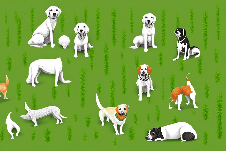 Several different types of grass with a variety of dogs happily munching on them in a lush garden setting