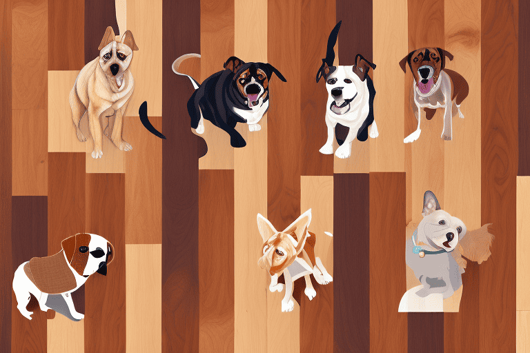 Several different types of hardwood flooring with a variety of dogs happily playing on them