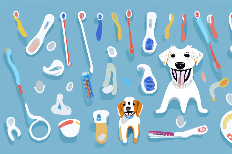Various types of dog-friendly toothbrushes and a happy