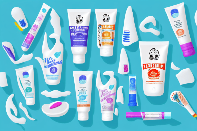 Several types of dog-friendly toothpaste tubes next to a happy looking dog with a shiny