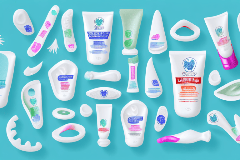 A variety of dog-friendly toothpaste tubes and a happy