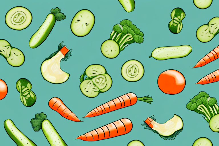 Several dogs happily munching on a variety of vegetables such as carrots