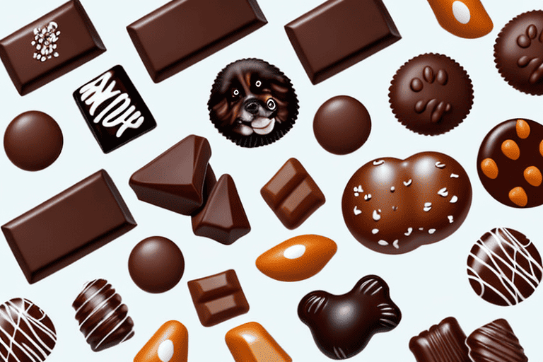Various types of chocolates scattered around a worried-looking dog to emphasize the dangers of chocolates for dogs' health