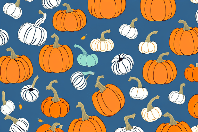 A variety of pumpkins with a few dogs happily nibbling on the safe types of pumpkins