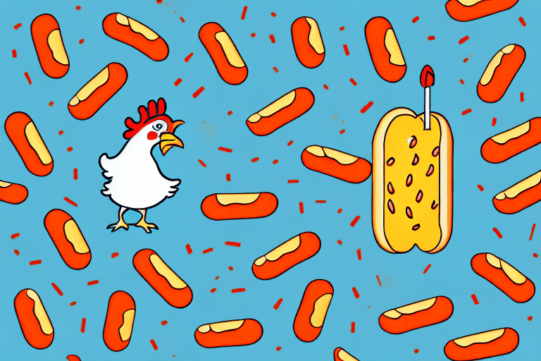 A curious chicken pecking at a hot dog on the ground