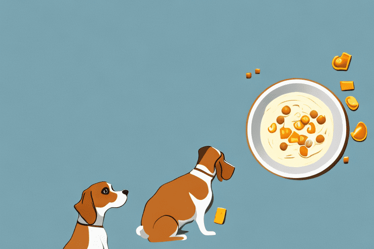 A curious dog sitting and looking longingly at a bowl of butterscotch pudding placed on a table
