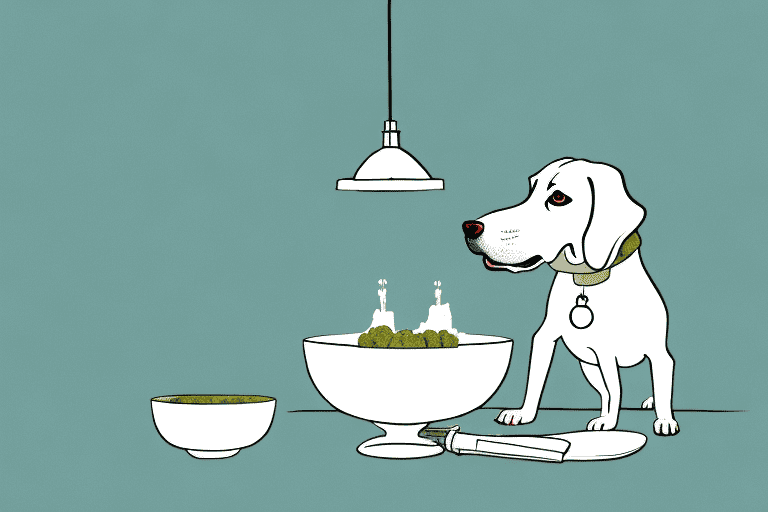 A curious dog sniffing at a bowl of caesar dressing on a table