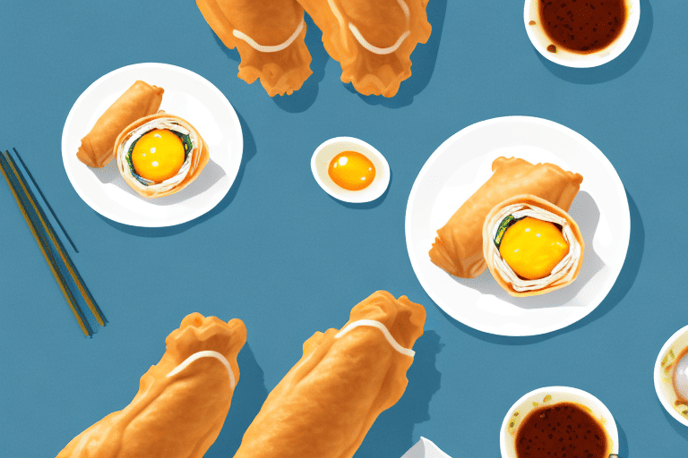 A curious dog sitting next to a plate of chicken egg rolls