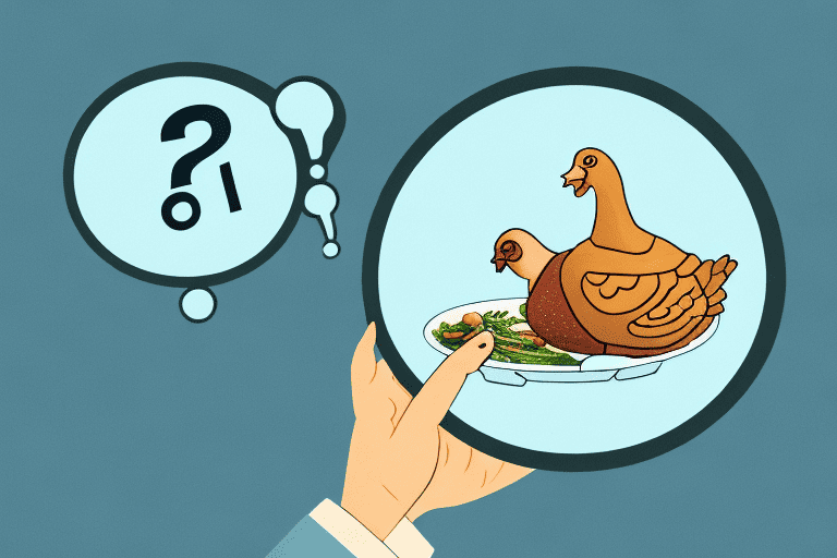 A curious dog looking at a cornish hen on a plate