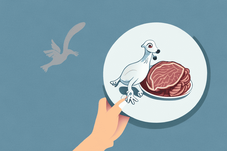 A curious dog looking at a piece of dove meat on a plate
