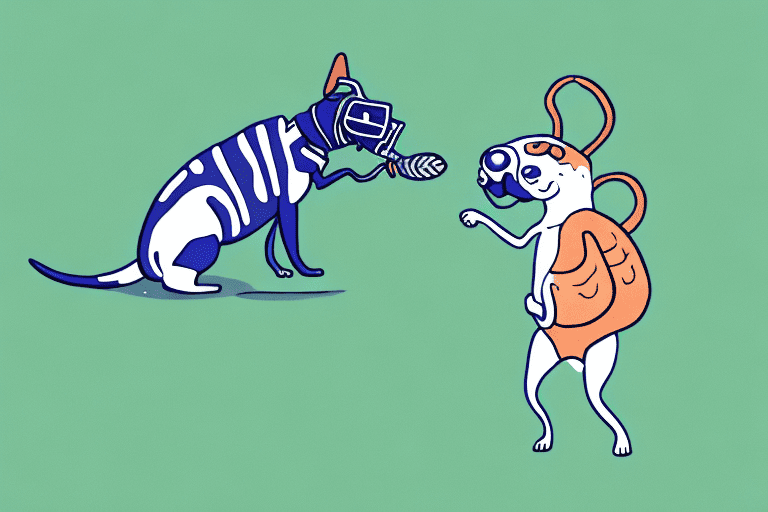 A curious dog sniffing at an earwig on a leaf