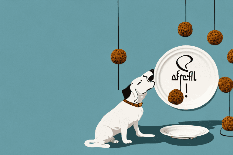 A curious dog sniffing a plate of falafel balls