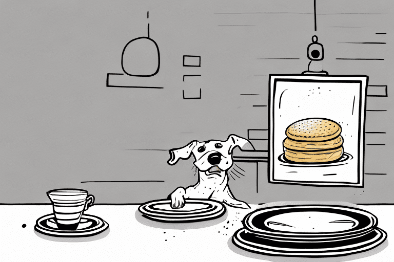 A curious dog sniffing a plate of english muffins on a kitchen table