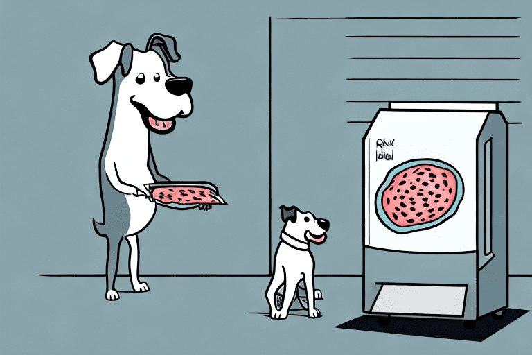 A curious dog looking at a piece of freezer burned meat inside an open freezer