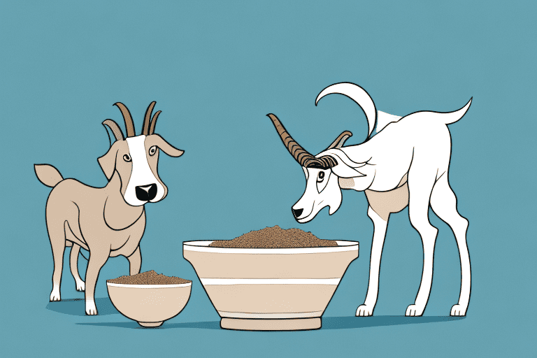 A curious dog sniffing at a bowl of goat feed