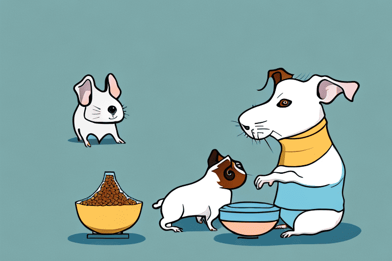A curious dog sniffing a bowl of guinea pig food with a guinea pig watching from a safe distance