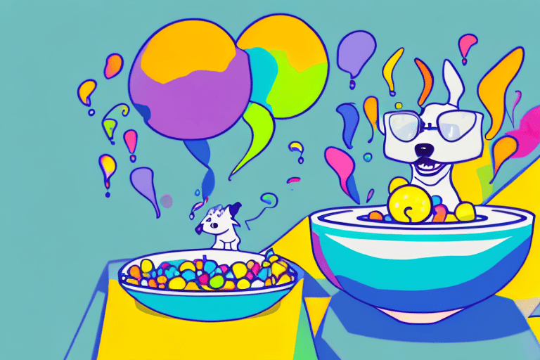 A curious dog sitting in front of a bowl filled with colorful gushers