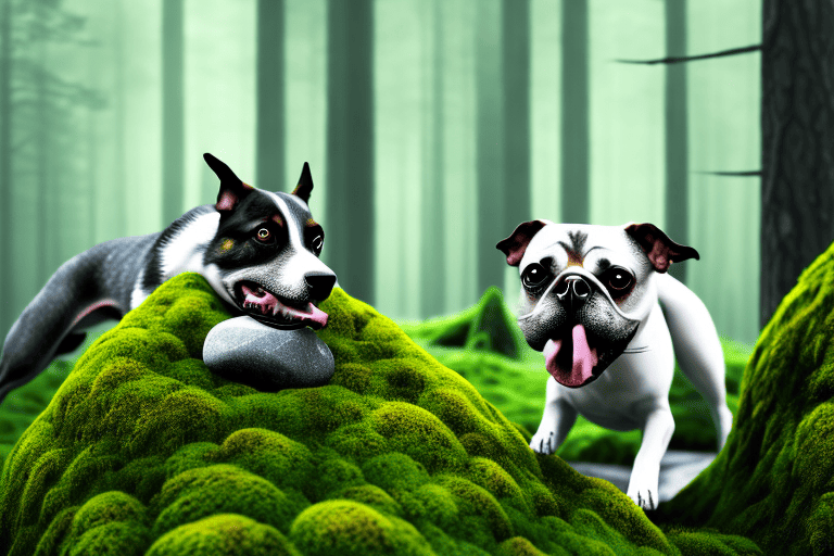A curious dog sniffing at a patch of moss on a tree or a rock in a forest setting