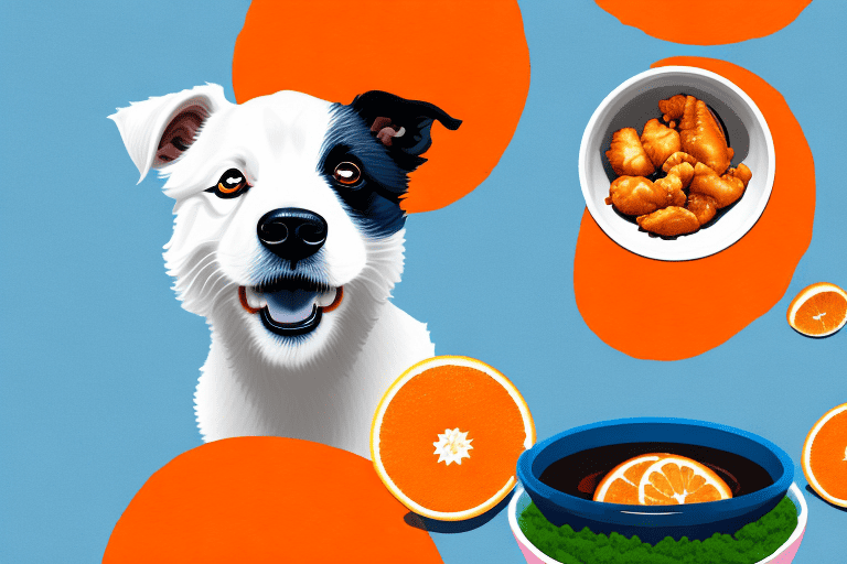 A curious dog looking at a bowl of panda express orange chicken placed on the floor