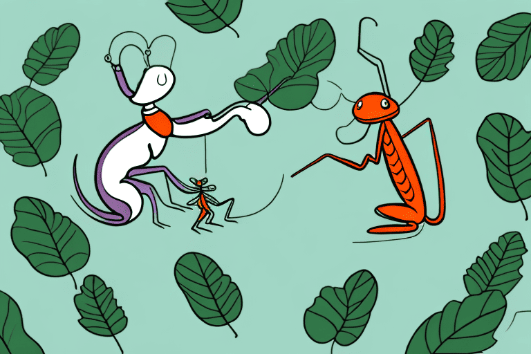 A curious dog sniffing a praying mantis on a leaf