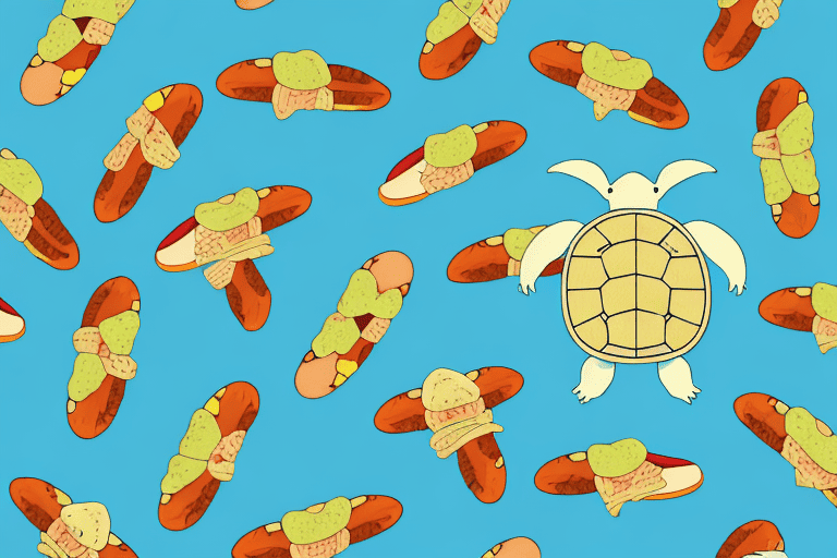 A curious turtle eyeing a hot dog on a picnic blanket