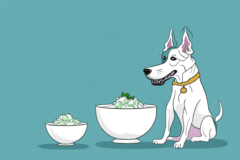 A curious dog sitting next to a bowl of tzatziki