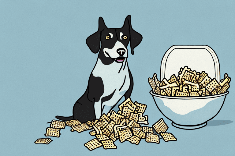 A curious dog looking at a bowl of chex mix on a table