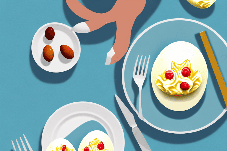 A curious dog sitting by a plate of deviled eggs